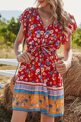Red Floral Flare Sleeve Bow-Tie Front Mini Dress Ins street